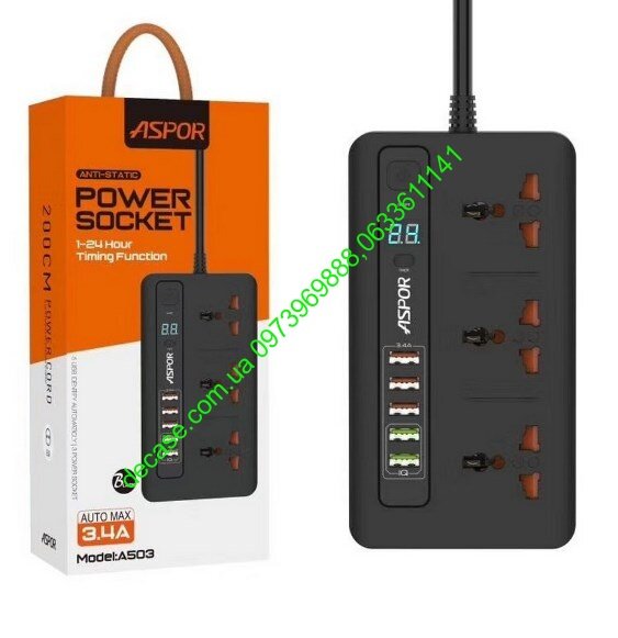 Сетевой удлинитель ASPOR A503 Power Socket 5 USB Identify Auto Rated current 10A 