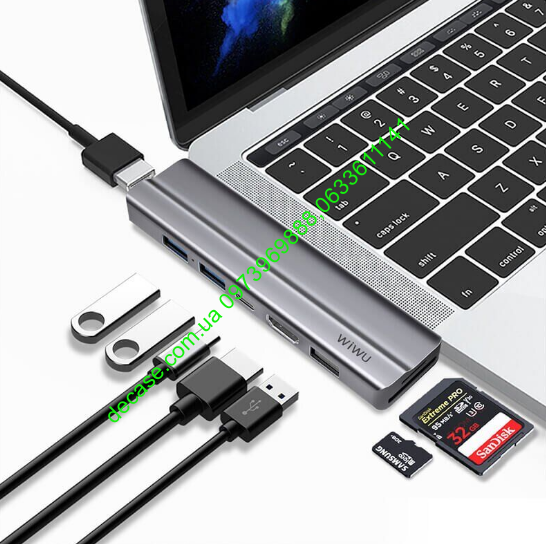 8в1 Хаб Wiwu T9 Type C hub PD Power Delivery USB Type C 2 HDMI Card Reader 2 USB 3.0 1 USB 2.0