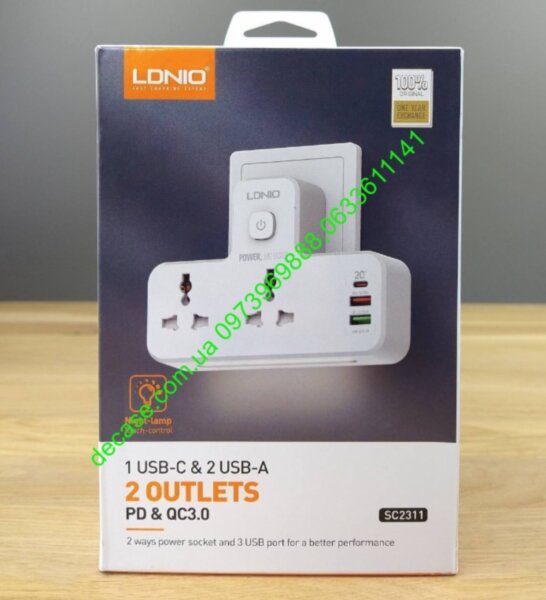 Cетевой адаптер HUB LDNIO SC2311 1 UCB-C/2 USB/ 2 outlets 10 А