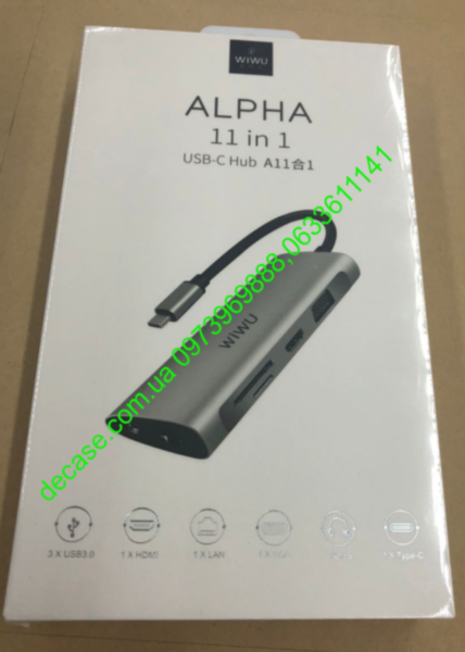 11в1 Hub Type-C Wwu Alpha A11 USB-C to 3xUSB3.0 USB2.0 USB Type-C SD Micro SD HDMI RJ45 Stereo VGA