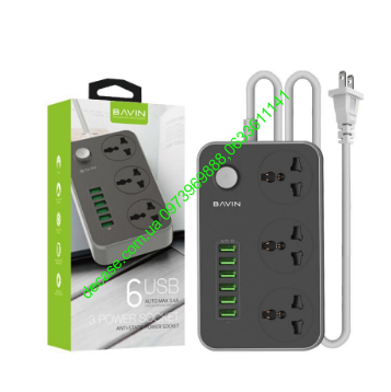 Сетевой удлинитель зарядка Bavin с 3 розетками и зарядкой USB на 6 портов 5.4 A 2500 W